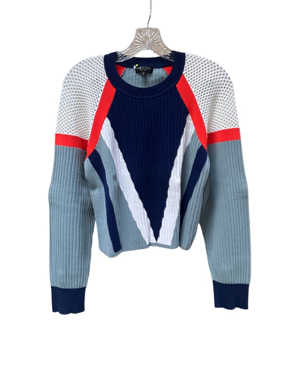 Rag & Bone Lark Geometric Colorblock Knit Sweater‎ Mesh Orange Navy LIKE NEW - L